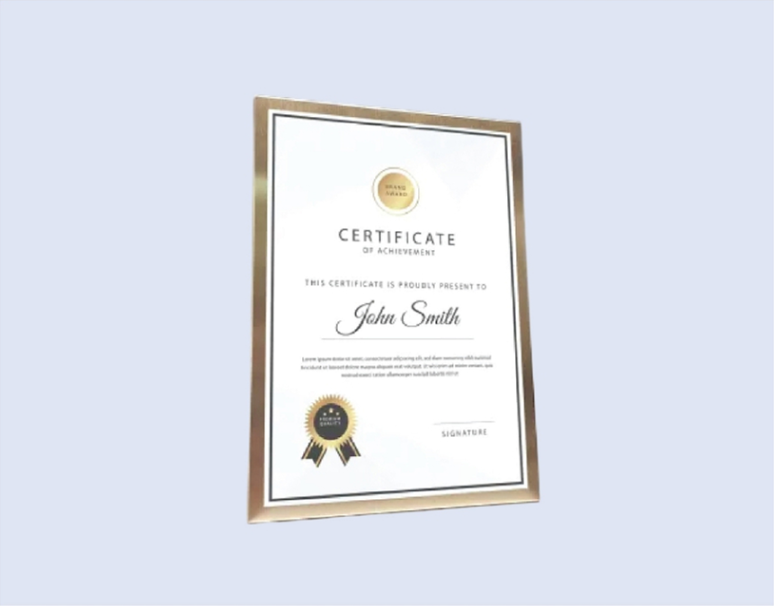 DS-PF-03 A4 Gold Cert Frame 8.5" x 12" / 215 x 300mm