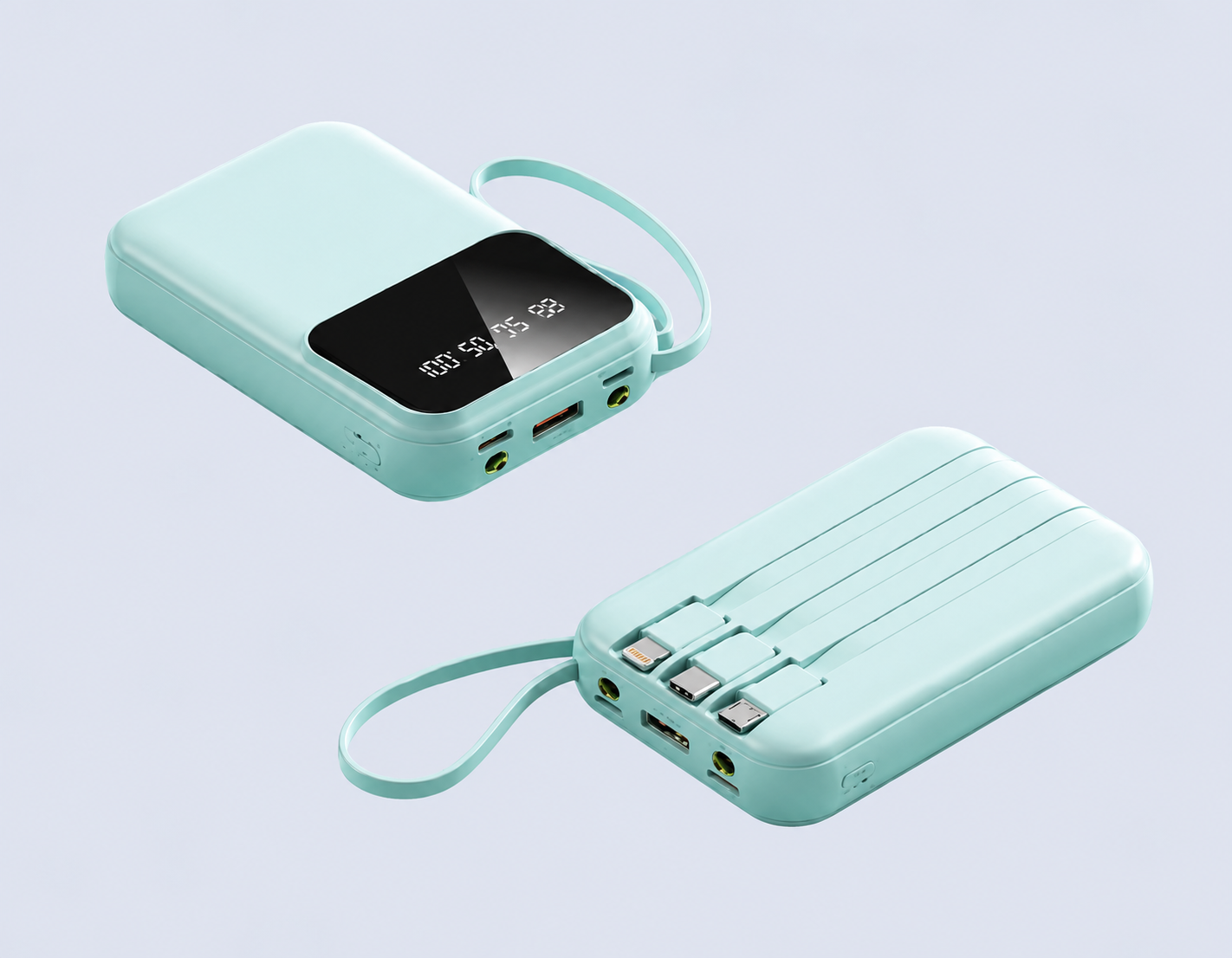 Code : DSF-218 Powerbank 10000mAh 4 x Built in Cable + 1 x USB Port 2.1A Fast Charge - 2 x LED Torch Light Vibrant & Compact Size-Baby Green