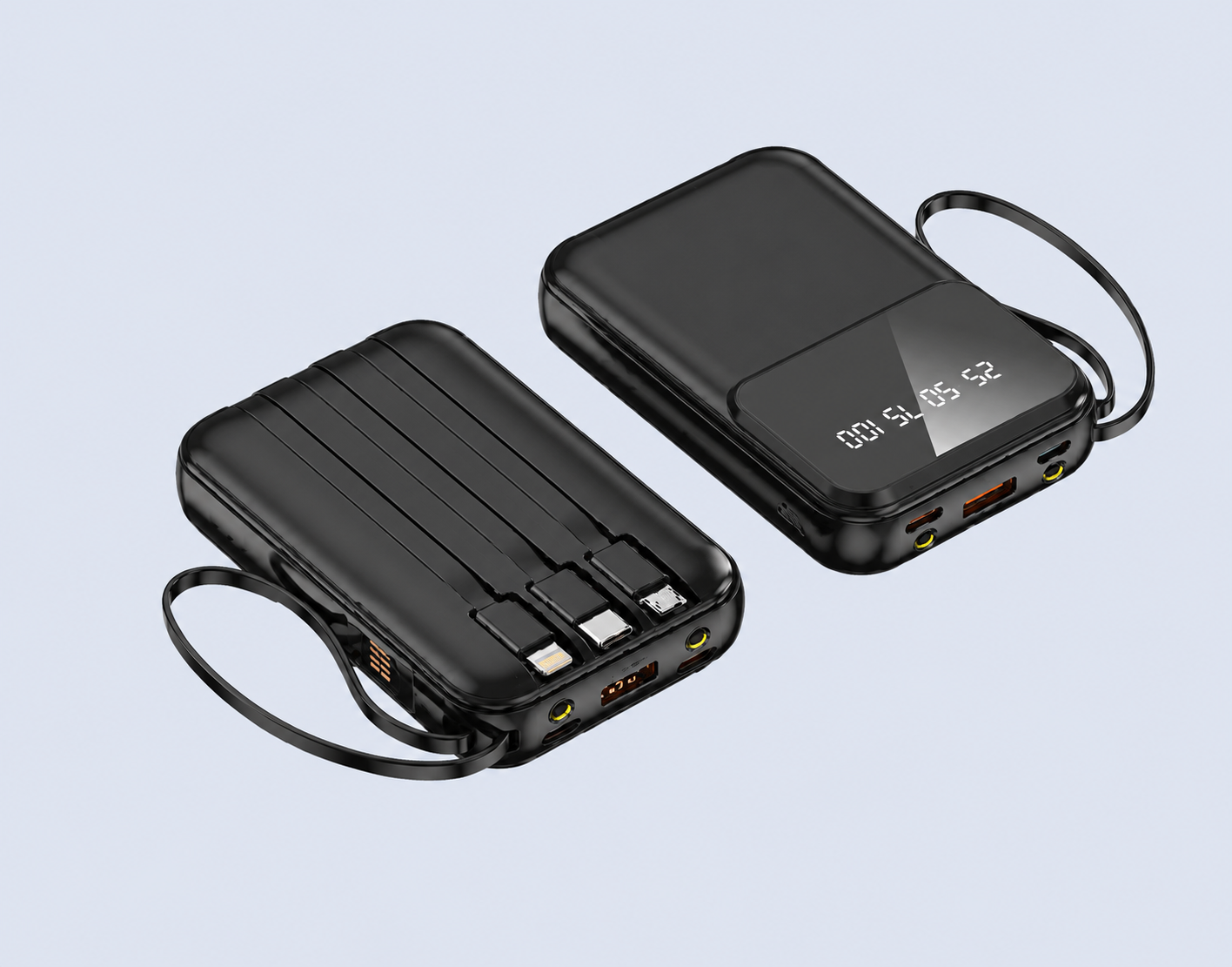 Code : DSF-218 Powerbank 10000mAh 4 x Built in Cable + 1 x USB Port 2.1A Fast Charge - 2 x LED Torch Light Vibrant & Compact Size-Black