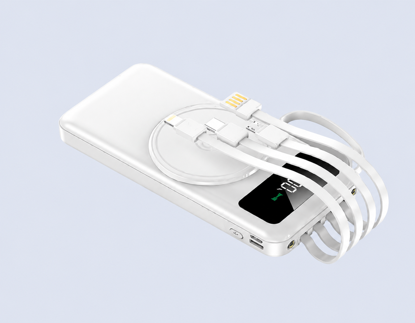 Code : DSF-812 Multipower 10000mAh 4 x Detachable Cable + 1 x USB Port + Wireless Charging + 2 x LED Torch + Digital Display + Handphone Stand 2.1A Fast Charge