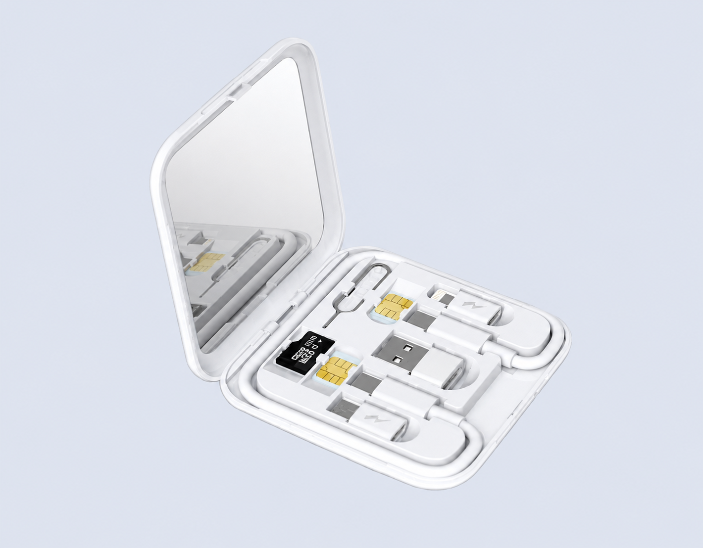 Code : DSCC21B Multicable 6 in 1 Quick Charge cable with Storage Box & Mirror. PD-Type-C to Type-C = 22.5W USB-A to Type-C, Micro, Lightning 3.0A