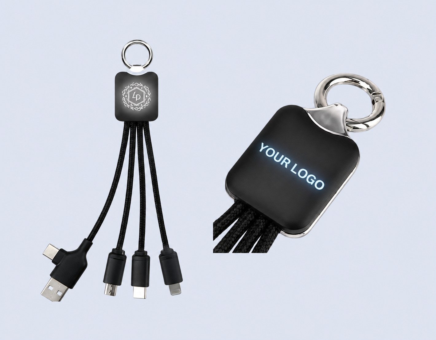 Code : DSCC24C Cableglow 3 in 2 LED Light Up Logo Fast Charging Cable 3.0A Fast Charge, Input : USB-A & USB-C Output : Micro, Type-C, Lightning