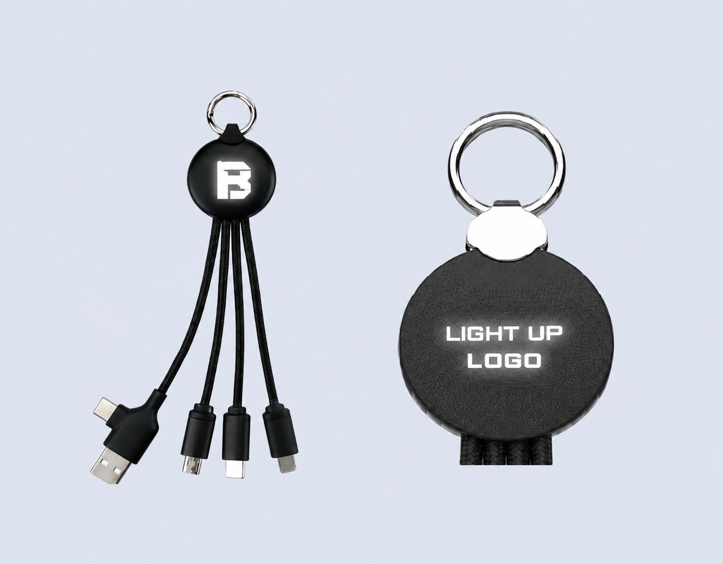 Code : DS25C Cableglow 3 in 2 LED Light Up Logo Fast Charging Cable Input : USB-A & USB-C Output : Micro, Type-C, Lightning