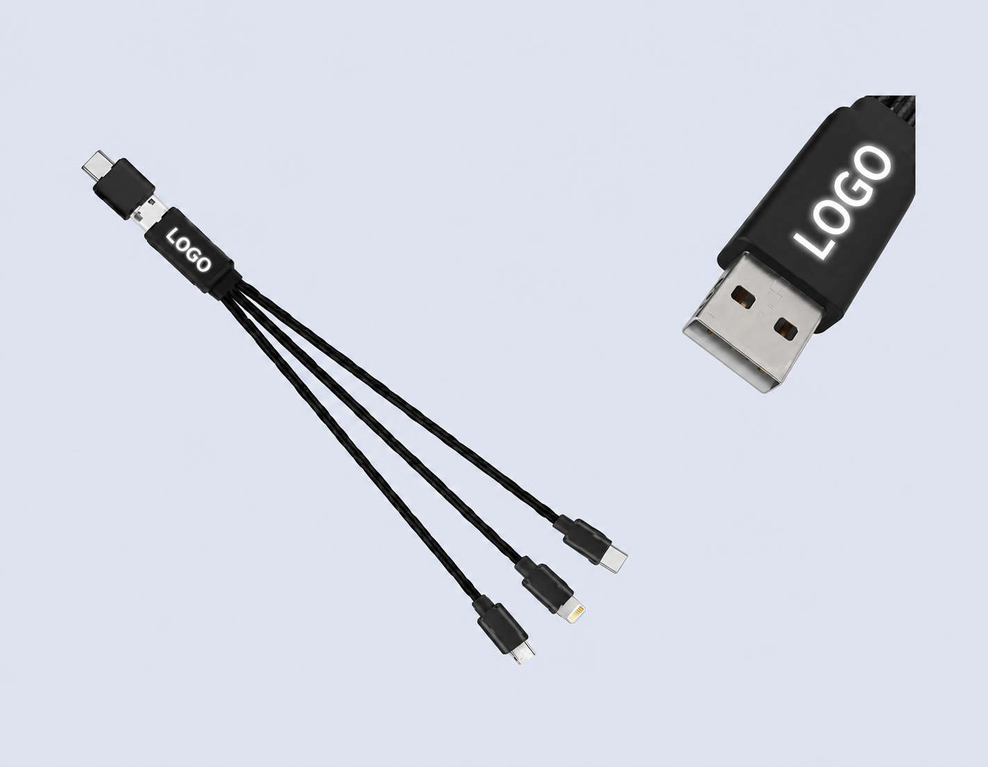 Code : DSCC28C Cableglow 3 in 2 LED Light Up. Logo Fast Charging Cable 3.0A Fast Charge, Input : USB-A & USB-C Output : Micro, Type-C, Lightning