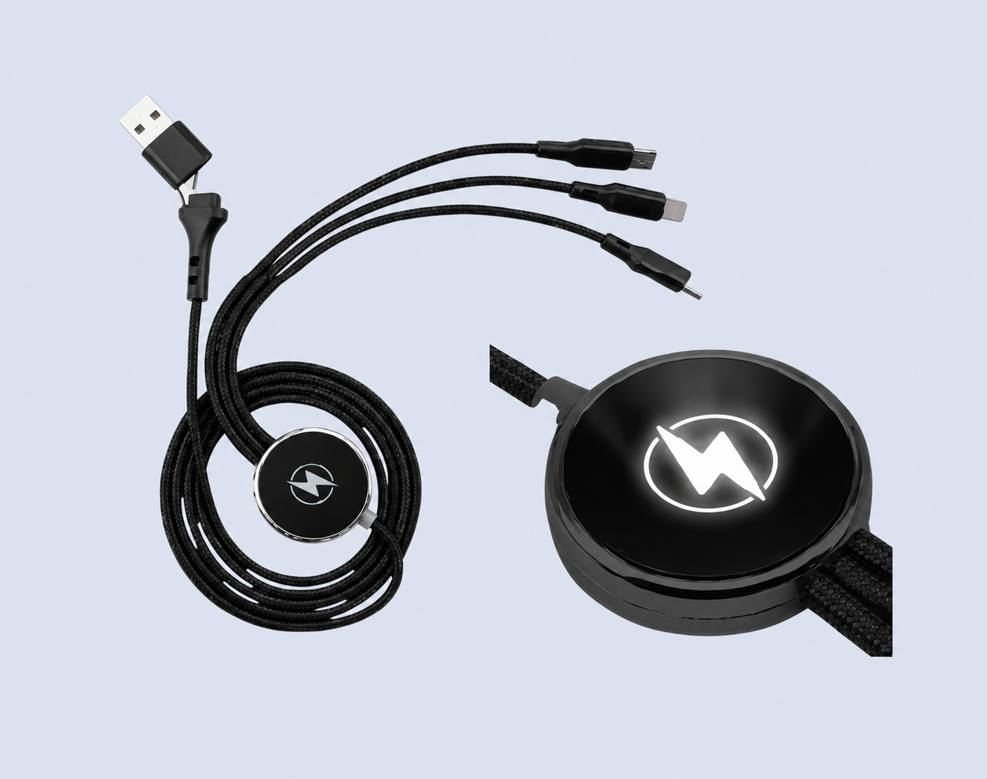 Code : DSCC41C Cableglow- 3 in 2 LED Light Up Logo Fast Charging Cable - 3.0A Fast Charge, Input : USB-A & USB-C Output : Micro, Type-C, Lightning