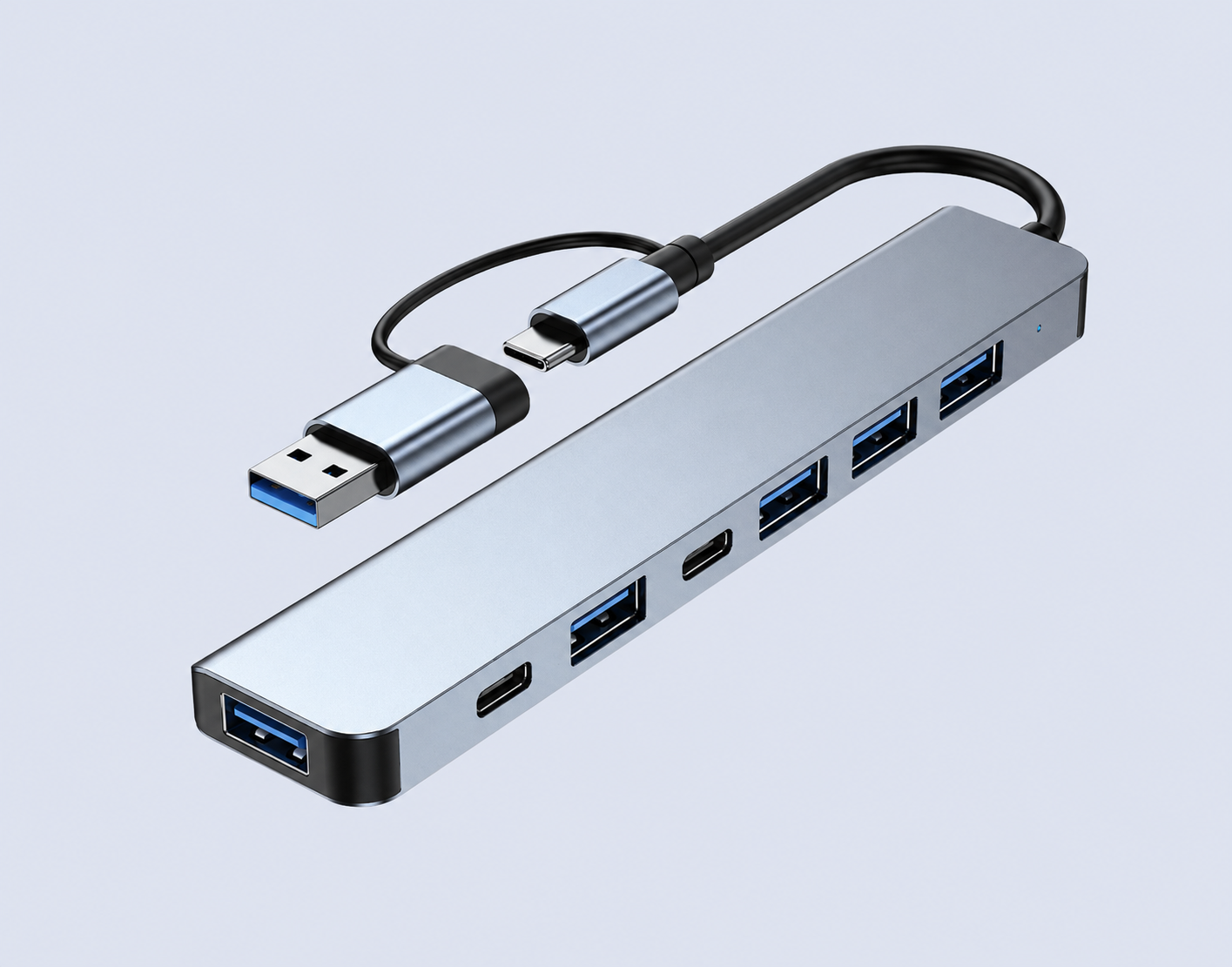 Code : DSHUB07 2 x USB-C Port 4 x USB2.0 Port + 1 x USB3.0 Port High Speed Data Transfer Input : USB-A + USB-C Connector Connect 7 USB Devices At Same Time