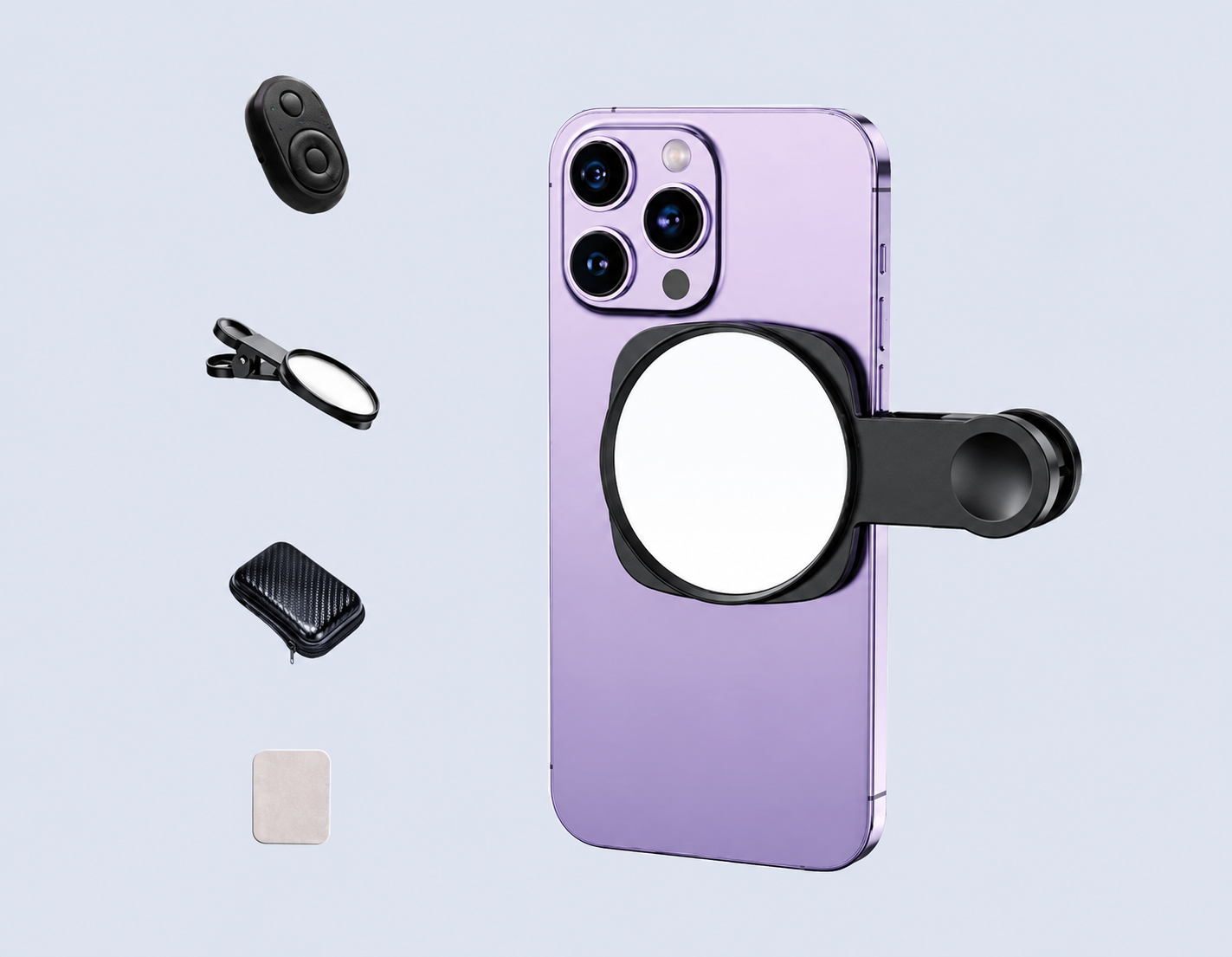 Code : DSSMC01 Selfie Rear Mirror Clip Phone Rear Mirror Cup + Selfie Controller + Cleaning Cloth + Zip Pouch