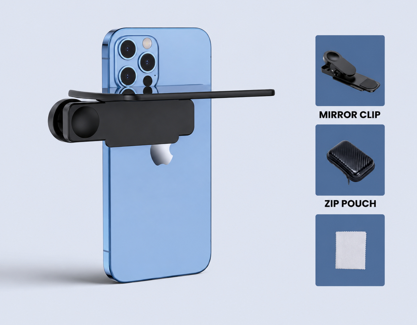 Code : DSSMC02 Selfie Reflection Mirror Clip Adjustable Phone Rear Reflection Mirror Cup + Selfie Controller + Cleaning Cloth + Zip Pouch